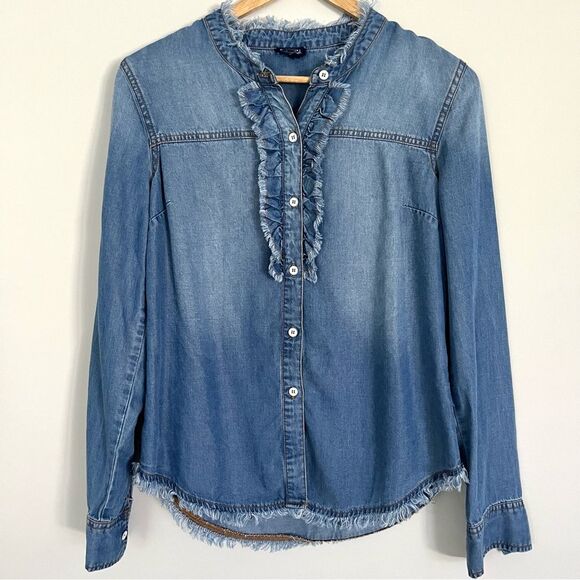 Splendid Ruffle Front Button Down Chambray Denim Shirt, Size XS NWOT - Picture 3 of 13
